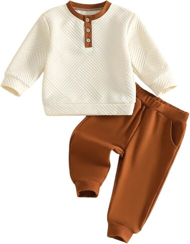 Toddler Boy Fall Winter Clothes Button Crewneck Sweatshirt and Pants Sets | Toddler Baby Boy Fall Outfits Long Sleeve Button Crewneck Sweatshirt Pullover Tops and Pants Set Warm Winter Clothes 2Pcs in Kuwait