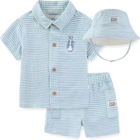 Peter Rabbit Baby Boys Gauze Button Down Shirt and Short with Bucket Hat 3 Piece Outfit Set for Infant in Kuwait