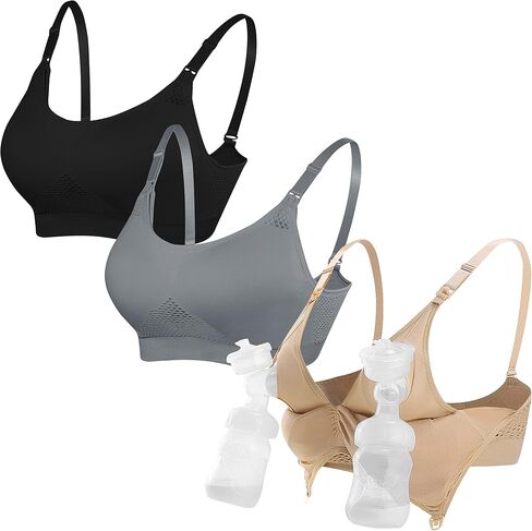 4HOW Nursing and Pumping Bra All in One Breast Pump Bra for Breastfeeding Pregnancy Black Nude Grey XX-Large in Kuwait
