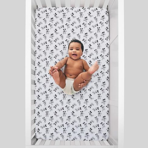NoJo Disney Mickey Mouse - Timeless Mickey White & Black Fitted Crib Sheet, Black, White in Kuwait