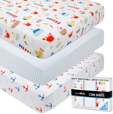 GROW WILD Fitted Crib Sheets, 3-Pack, Jersey Cotton, Safari Animals | Soft toddler bed mattress with a snug elastic fit for standard 52" x 28" in crib mattresses. Baby boy crib bedding set. in Kuwait