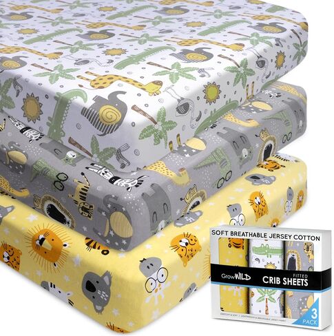 GROW WILD Fitted Crib Sheets, 3-Pack, Jersey Cotton, Safari Animals | Soft toddler bed mattress with a snug elastic fit for standard 52" x 28" in crib mattresses. Baby boy crib bedding set. in Saudi Arabia