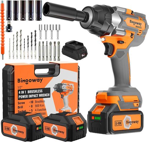 1/2" Brushless Cordless Impact Wrench, 900N.m High Torque 21V Electric Impact Gun Kit with 2x4.0Ah Batteries, 4-in-1 Power Tool, 5 Sockets, LED for Car Tires, Lug Nuts & Home DIY in Kuwait