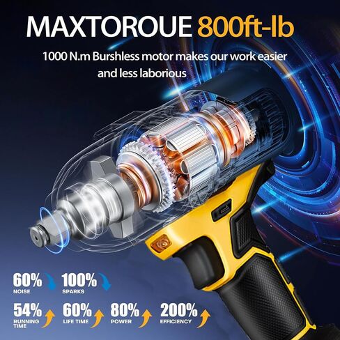 800Ft-lbs 1/2 inch Cordless Impact Wrench Compatible with DeWalt 20v Battery,1000N.m Brushless Power Impact Driver,High Torque Electric Impact Wrench for Home Car Tires Truck (No Battery Included) in Kuwait