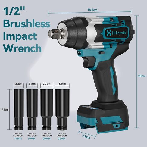 1/2" Cordless Impact Wrench Compatible with Makita 18V Battery,516 Ft-lbs 700N.m Brushless High Torque Impact Gun,Bare Tool with 4PCS Sockets 17/19/20/24mm for Tire Change,Auto Repair in Kuwait