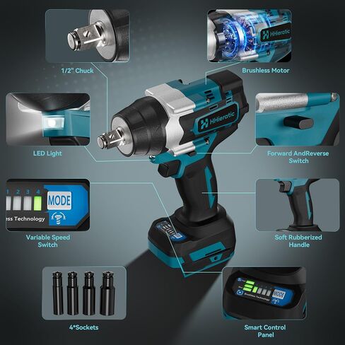 1/2" Cordless Impact Wrench Compatible with Makita 18V Battery,516 Ft-lbs 700N.m Brushless High Torque Impact Gun,Bare Tool with 4PCS Sockets 17/19/20/24mm for Tire Change,Auto Repair in Kuwait