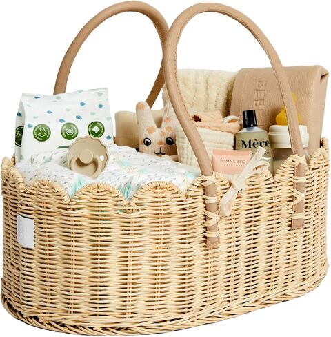 BEBE BASK Premium Baby Diaper Caddy Organizer - Handmade & Award-Winning Scalloped Rattan Basket - Luxury Diaper Caddy Basket - Elegant Scalloped Edge (Natural) in Kuwait