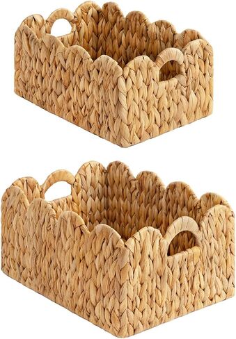 StorageWorks Scalloped Edge Wicker Basket, Hand-woven Rattan Baskets with Built-in Handles, Water Hyacinth Basket for Organizing and Decor, 2 Pack in Kuwait