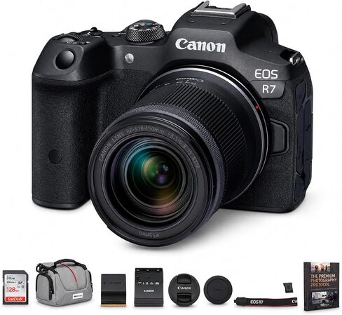 Canon EOS R7 Mirrorless Camera Body with RF-S 18-150mm F3.5-6.3 is STM Lens 5137C009 Bundle with Deco Gear Photography Bag + Microphone + Monopod + Software & Accessories Kit in Kuwait