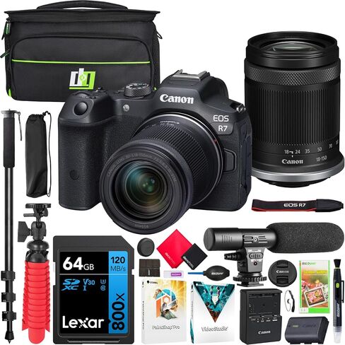 Canon EOS R7 Mirrorless Camera Body with RF-S 18-150mm F3.5-6.3 is STM Lens 5137C009 Bundle with Deco Gear Photography Bag + Microphone + Monopod + Software & Accessories Kit in Kuwait