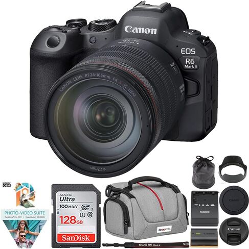 Canon R6 Mark II Full-Frame 24.2 MP Mirrorless Camera with 24-105mm is STM Lens Kit 5666C018 Bundle with Sandisk 128GB Memory Card, Deco Essentials Camera Bag and Corel Photo Video Suite in Kuwait