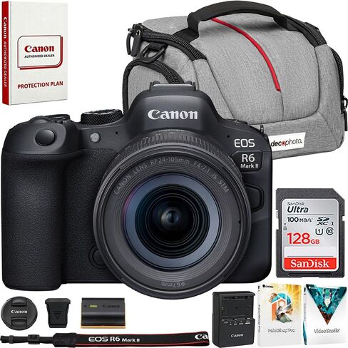 Canon R6 Mark II Full-Frame 24.2 MP Mirrorless Camera with 24-105mm USM Lens Kit Bundle with Sandisk 128GB Memory Card + Deco Essentials Camera Bag + Corel Photo Video Suite in Saudi Arabia