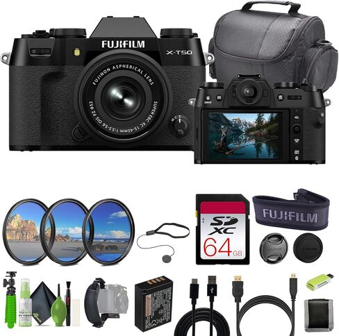 FUJIFILM X-T50 Mirrorless Camera with XC 15-45mm Lens (Black) Bundle | For Photography, Video & Content Creation | Power Zoom | Includes 64GB Memory Card, USB-C Cable in Kuwait