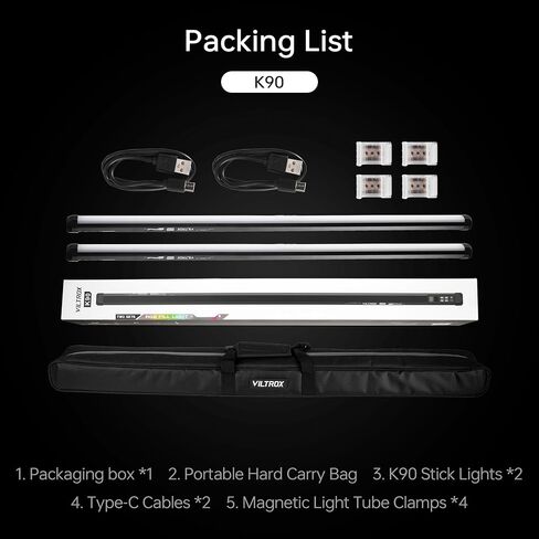 VILTROX 2 Pack LED Stick Light Kit, 30W Full Color LED Tube Light with Built-in 14.8V/3300mAh Battery and USB-C 35W Fast Charging, RGBW Video Light for Photography and Filmmaking (K90 Kit) in Saudi Arabia