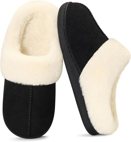 Evshine Women's Memory Foam Fuzzy Slippers Cozy House Shoes | Wool-Like Faux Fur Lining, Non-Slip rubber sole, Warm Winter Slippers Indoor & Outdoor, Great Christmas Gift in Kuwait