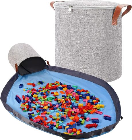 SAM AND MABEL XXL Toy Storage Organizer with Play Mat – 15" x 15" x 16" Storage Bin for Kids Playroom, Foldable Fabric Bag and Basket for Nursery (Gray) in Kuwait