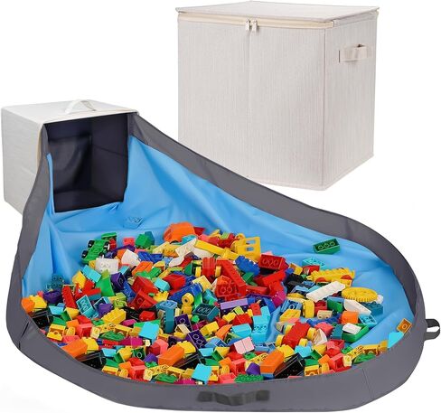 SAM AND MABEL Toy Storage Organizer with Attached Play Mat for Kids – 13" x 13" x 13" Stackable and Foldable Cubby Box Nursery Organizers, Storage Bins with Lid for Playroom (Cream Bamboo) in Kuwait