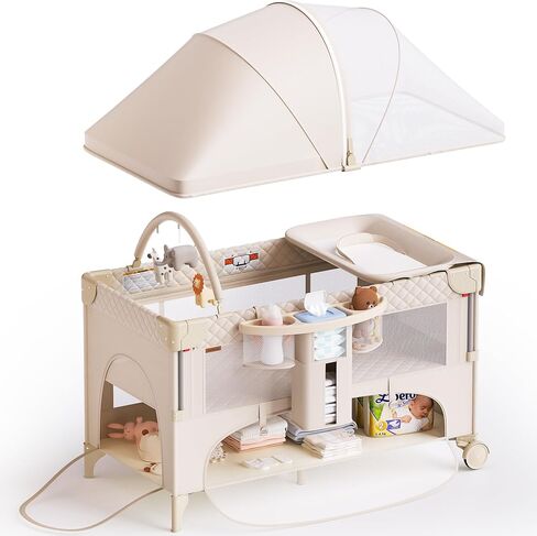 Baby Bassinet,Pack and Play,Bedside Crib Sleeper,Diaper Changer | One-step fold, Large Size Pack n Play, Comes with Mattress, Mosquito Net, Side storage and Toy Bar, for Newborn to Toddler in Kuwait