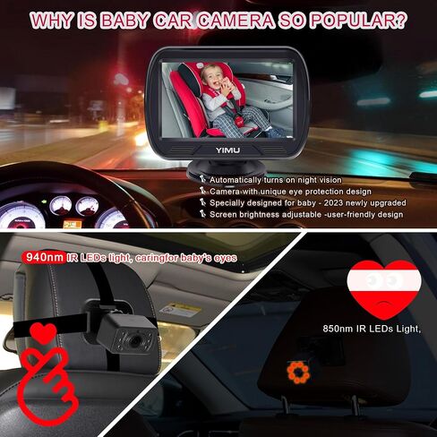 YIMU HD720P Rear Seat Baby Car Camera for Backseat, Car Headrest Quick-Install Monitor, Night Vision, 360° Rotatable car Camera for Baby with 4.3 inch car Baby Monitor (KB41) in Saudi Arabia