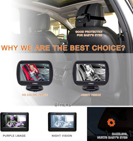 YIMU HD720P Rear Seat Baby Car Camera for Backseat, Car Headrest Quick-Install Monitor, Night Vision, 360° Rotatable car Camera for Baby with 4.3 inch car Baby Monitor (KB41) in Saudi Arabia