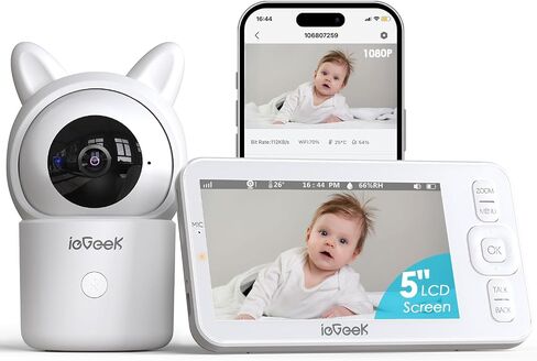 ieGeek Baby Monitor with 2 Cameras, 5" Screen & 1080P Cameras & Free Smart App Split Screen Dual Baby Monitor, Upgraded Night Vision/PTZ/2-Way Audio/Auto Tracking Detection Notification and Alert in Kuwait