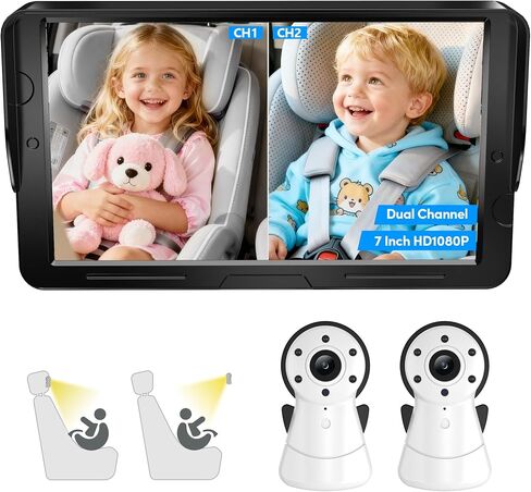 2-Kids Baby Car Camera Dual Monitor – 7 Inch Display with Two Rear Facing Car Seat Cameras, 1080P HD Night Vision IR-CUT, USB Powered Plug and Play Backseat Baby Monitor for Infant & Toddler Safety in Kuwait