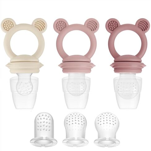 PandaEar 3 Pack Baby Fruit & Food Feeder Pacifier, Silicone Feeder Pacifier with 3 Sizes Pouches for Babies Toddlers Infants Kids, BPA-Free Food Grade Soft Safe (Tan/Grey/Brown) in Kuwait