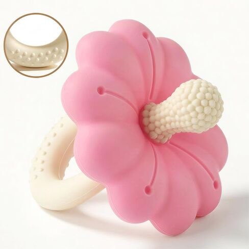Baby Silicone Flower Teether Pacifier, Nipple-Shaped End Texture for Sucking Needs, Teething Relief, Chew Sensory Toys for Babies 0-6 6-12 Months, Hands-Free Design, BPA Free, Freezable -Pink in Kuwait
