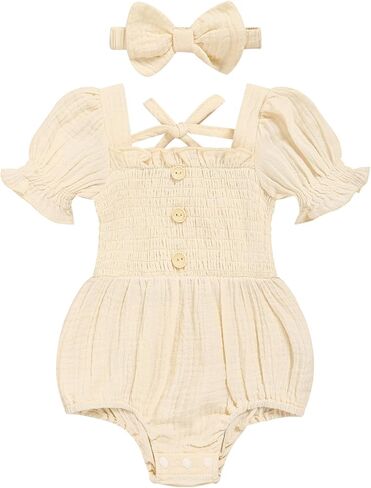 Baby Girl Romper Newborn Puff Sleeve Smocked Outfit with Headband for Infants Soft Cotton Photo Shoot in Kuwait