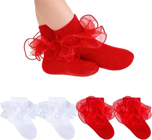 Baby Girls Ruffle Socks Double Layer Lace Turn Cuff Dress Socks | Soft breathable cotton frilly eyelet socks for newborn infant toddler girls,gift set for baptism, birthday party,daily wear in Saudi Arabia