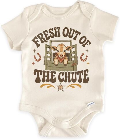 Fresh Out Of The Chute Western Baby Reveal Bodysuit (0-3 Months, Natural) | Rodeo Pregnancy Announcement, Cow Chute Newborn Outfit, Ranch Family Surprise, Cowboy Baby Shower, Western Photo Prop in Kuwait