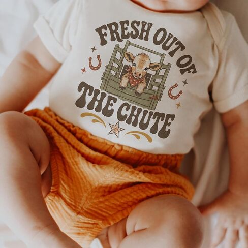 Fresh Out Of The Chute Western Baby Reveal Bodysuit (0-3 Months, Natural) | Rodeo Pregnancy Announcement, Cow Chute Newborn Outfit, Ranch Family Surprise, Cowboy Baby Shower, Western Photo Prop in Kuwait
