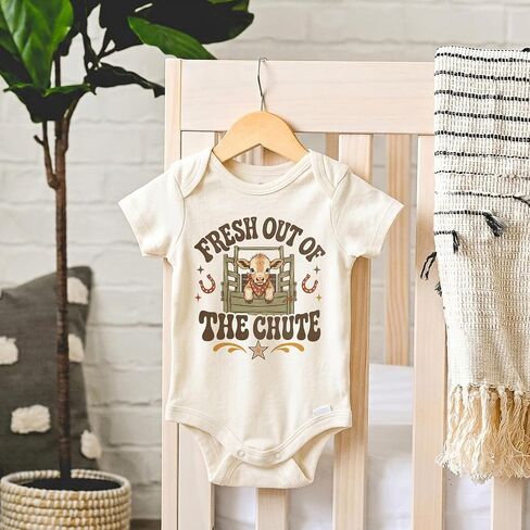 Fresh Out Of The Chute Western Baby Reveal Bodysuit (0-3 Months, Natural) | Rodeo Pregnancy Announcement, Cow Chute Newborn Outfit, Ranch Family Surprise, Cowboy Baby Shower, Western Photo Prop in Kuwait