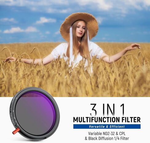 NEEWER 82mm 3 in 1 Variable ND + CPL + Black Diffusion 1/4 for Mist Cinematic Effect Filter, Camera Lens Neutral Density Circular Polarizing Multicoated HD Optical Glass with Storage Case in Kuwait