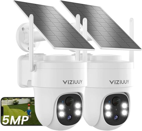 VIZIUUY 5MP Solar Security Cameras Wireless Outdoor, 2 Pack Cover More Area | 360°Pan and Tilt, Color Night Vision, PIR+AI Motion Detection, IP66 Waterproof, Wifi 6, Work with Alexa & Google Assistant in Kuwait