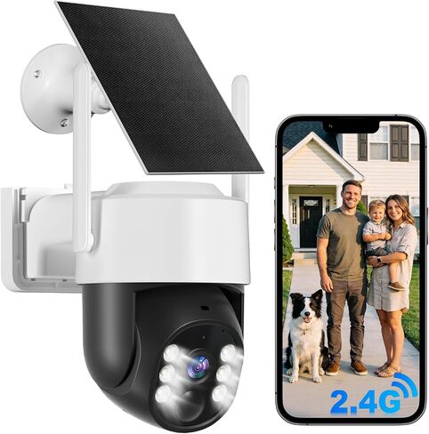 Chpuss Solar Security Camera Wireless Outdoor, 2K HD Surveillance Solar Powered WiFi Camera, Color Night Vision, PIR Detection, 360° View, 2-Way Talk, Spotlight Siren Alarm (Black & White - 1PACK) in Kuwait