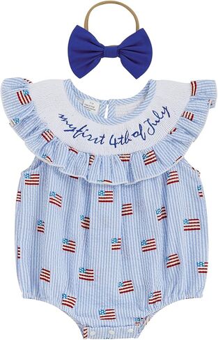 CIYCUIT Baby Girl 4th of July Outfit My First Fourth of July Smocked Ruffle Bubble One Piece Romper with Headband in Kuwait