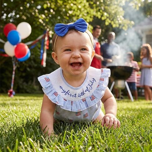 CIYCUIT Baby Girl 4th of July Outfit My First Fourth of July Smocked Ruffle Bubble One Piece Romper with Headband in Kuwait