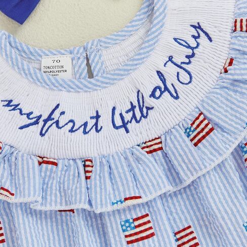 CIYCUIT Baby Girl 4th of July Outfit My First Fourth of July Smocked Ruffle Bubble One Piece Romper with Headband in Kuwait