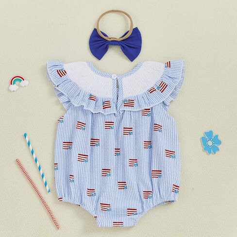 CIYCUIT Baby Girl 4th of July Outfit My First Fourth of July Smocked Ruffle Bubble One Piece Romper with Headband in Kuwait