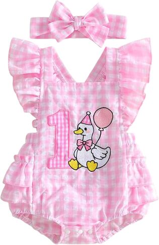 Baby Girl First Birthday Romper 1 Goose Balloon Embroidery Gingham Ruffle Sleeveless Bodysuit Jumpsuit Headband in Kuwait