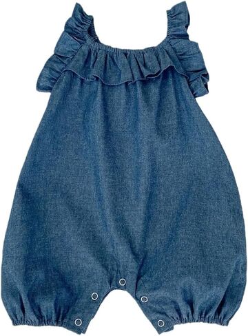 HOOLCHEAN Baby Girl Cotton Chambray Romper, Denim Blue | Ruffle neckline, easy snap bottom, 3-24 Months in Kuwait