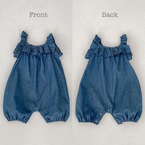 HOOLCHEAN Baby Girl Cotton Chambray Romper, Denim Blue | Ruffle neckline, easy snap bottom, 3-24 Months in Kuwait
