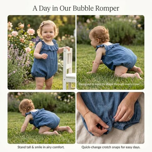 HOOLCHEAN Baby Girl Cotton Chambray Romper, Denim Blue | Ruffle neckline, easy snap bottom, 3-24 Months in Kuwait