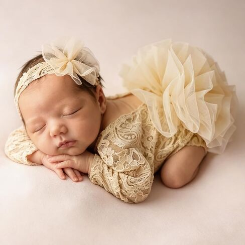 Newborn Photography Outfits Girl, Baby Girl Photoshoot Props, Lace Romper with Headband for 0-1 Months Newborn in Saudi Arabia