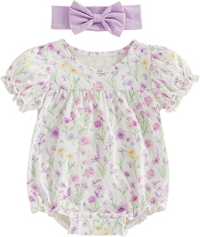 Fanvereka Infant Baby Girls Summer Outfits Romper Newborn 3 6 12 18 Months Girl Short Sleeve Floral Jumpsuit Headband Set in Kuwait