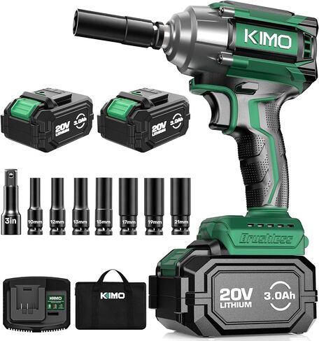 KIMO Impact Wrench 1/2 Cordless,550N.m/406ft-lbs Max Torque & 3000RPM, 2x20V 3.0Ah Battery, Impact Gun with 7 Drive Impact Sockets, 3 Inch Extension Bar, 1 Hour Fast Charger Impact Drill for Car Tires in Kuwait