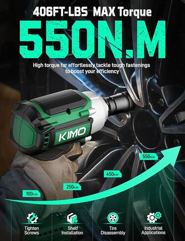KIMO Impact Wrench 1/2 Cordless,550N.m/406ft-lbs Max Torque & 3000RPM, 2x20V 3.0Ah Battery, Impact Gun with 7 Drive Impact Sockets, 3 Inch Extension Bar, 1 Hour Fast Charger Impact Drill for Car Tires in Kuwait