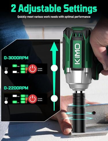 KIMO Impact Wrench 1/2 Cordless,550N.m/406ft-lbs Max Torque & 3000RPM, 2x20V 3.0Ah Battery, Impact Gun with 7 Drive Impact Sockets, 3 Inch Extension Bar, 1 Hour Fast Charger Impact Drill for Car Tires in Kuwait