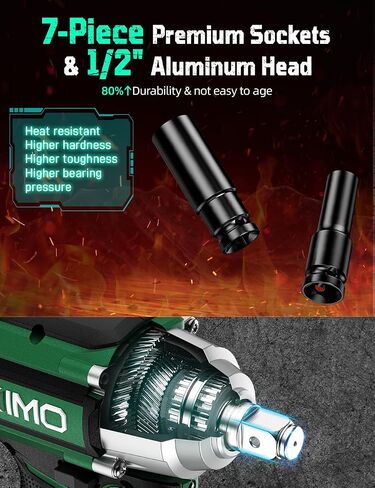 KIMO Impact Wrench 1/2 Cordless,550N.m/406ft-lbs Max Torque & 3000RPM, 2x20V 3.0Ah Battery, Impact Gun with 7 Drive Impact Sockets, 3 Inch Extension Bar, 1 Hour Fast Charger Impact Drill for Car Tires in Kuwait